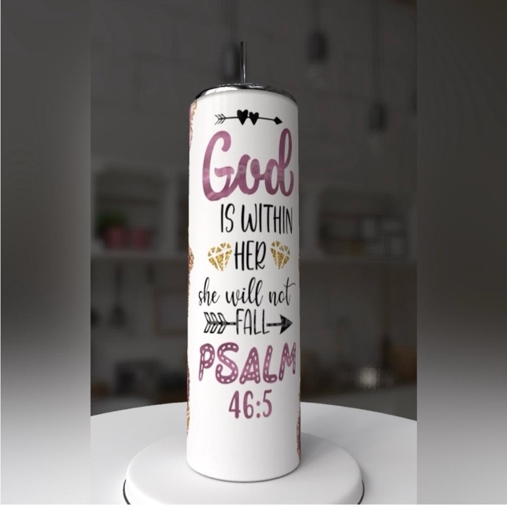 Inspirational White Tumbler with Pink Purple and Gold Accents